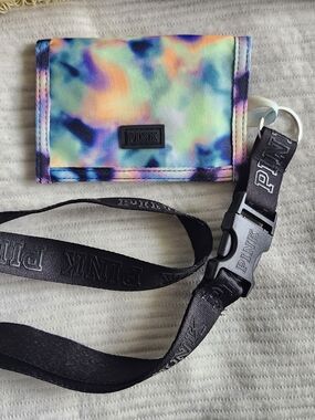 Victoria's Secret Pink Lanyard Bifold Wallet Mesh Tie Dye Watercolor Hippie NWOT